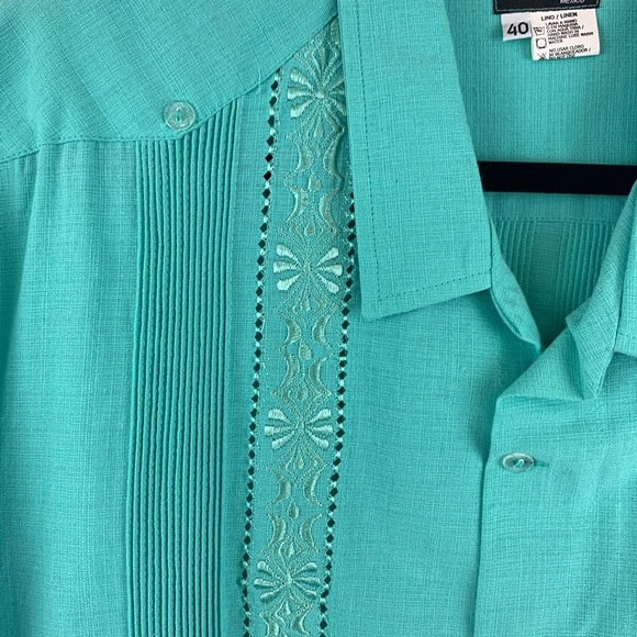 𝅺Guayabera Shirt Long Sleeve 100% Linen Teal NWOT - Picture 3 of 13
